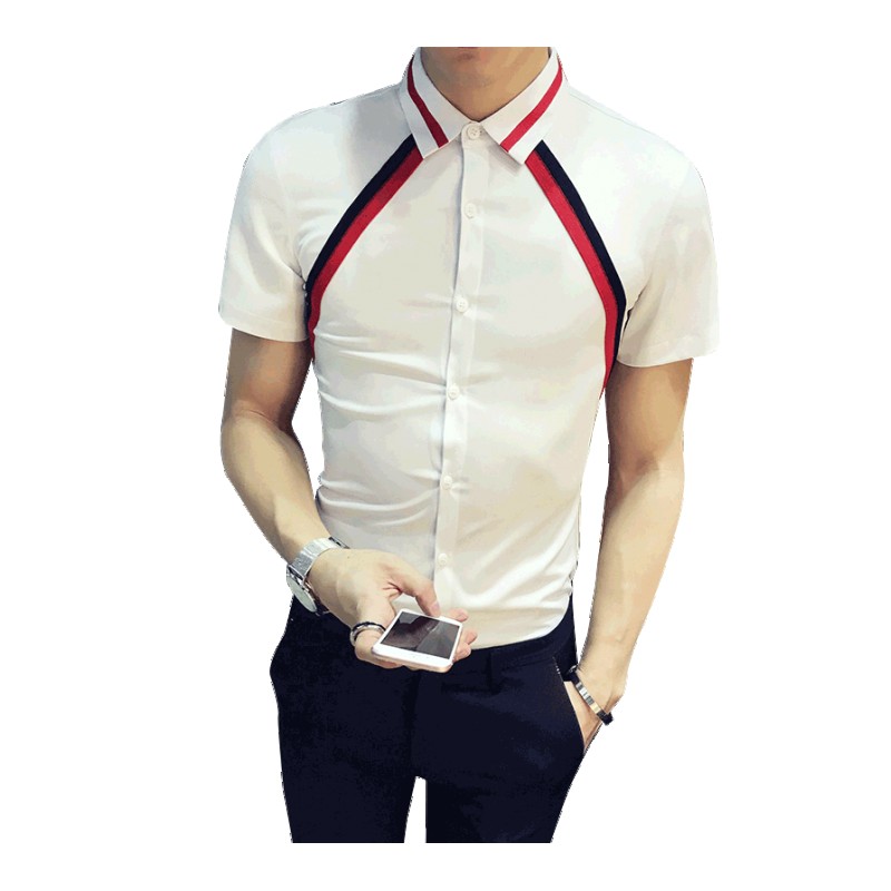 新款韩版修身七分袖衬衫男清新帅气型师会所潮百搭工作服中短袖