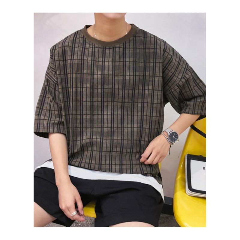 男士夏款格子短袖T恤韩版拼接假两件日韩风青少年半袖五分袖短袖
