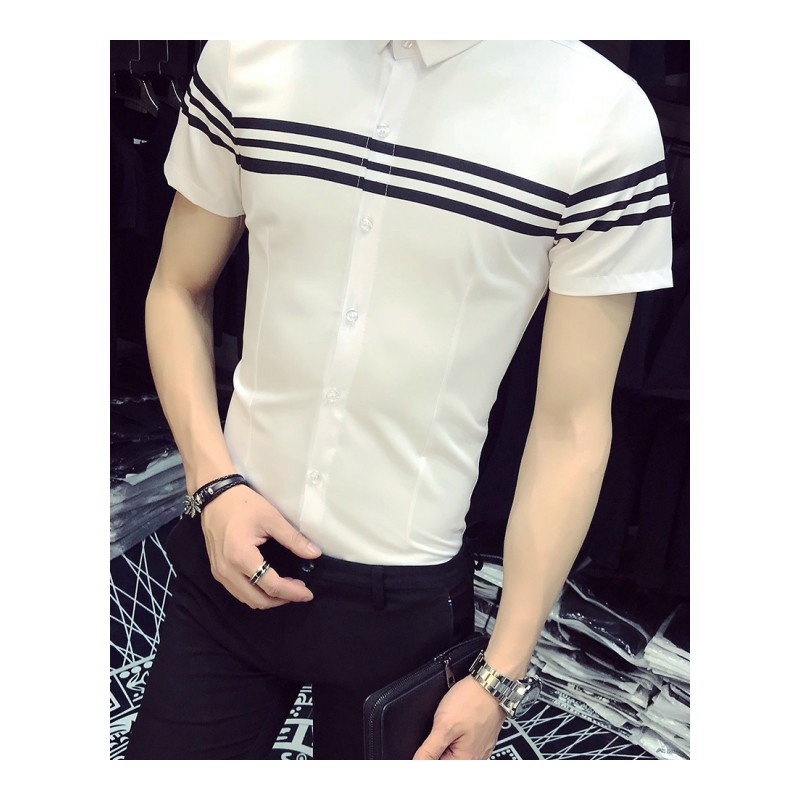 18新款个性清新印花七分袖衬衫男时尚帅气中袖衬衣型师潮工作服