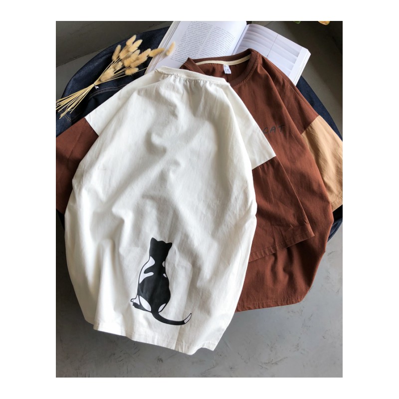 2018夏款新款男士港风文艺范拼色宽松落肩短袖T恤上衣背影猫图案