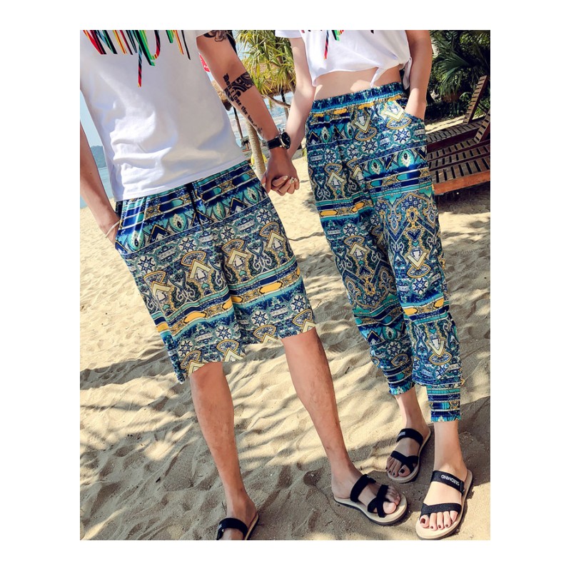 情侣款沙滩小碎花T恤套装两件套休闲短裤 男士女生短衣海边度假