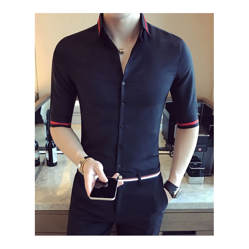 2018新款男士修身七分袖时尚英伦中袖衬衣气质个性型师短袖衬衫