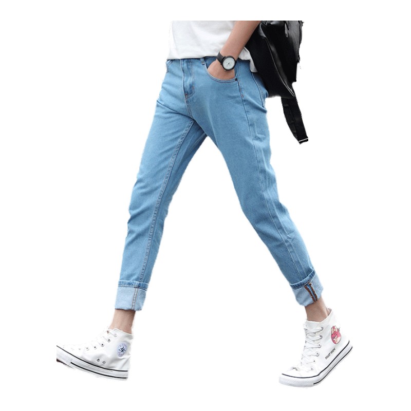 夏款九分牛仔裤男修身韩版2018新款青少年气质学生原宿小脚男裤子