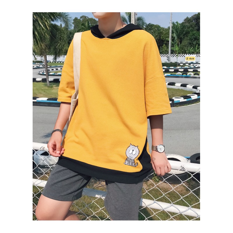 2018夏款潮牌五分袖连帽上衣撞色宽松个性T恤男短袖假两件体恤衫