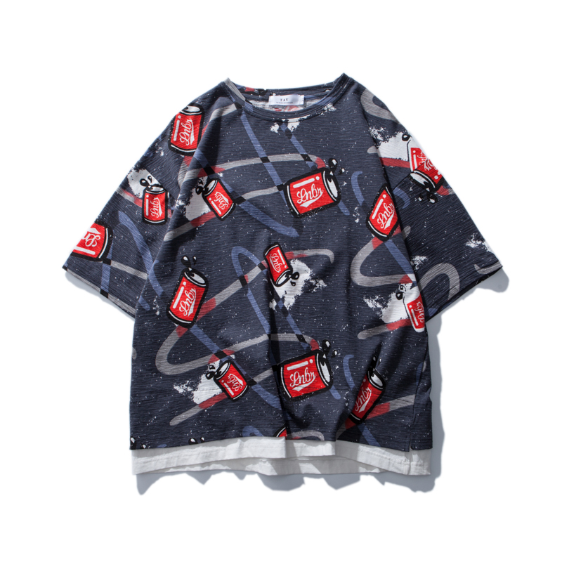 夏款慵懒个性假两件短袖T恤男宽松韩版半袖体恤学生帅气上衣服 潮