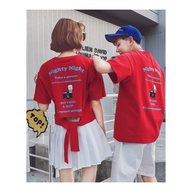 夏款情侣装韩版红色短袖T恤字母印花青年学生班服男女修身半袖T恤