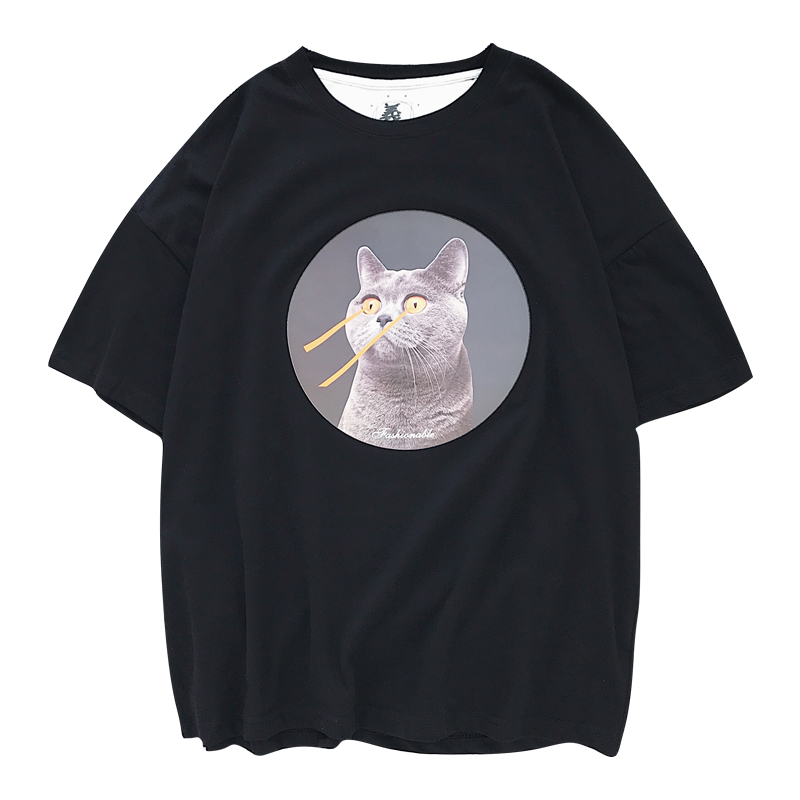夏装猫咪印花日系宽松男生圆领短袖T恤时尚韩版青年学生上衣班服
