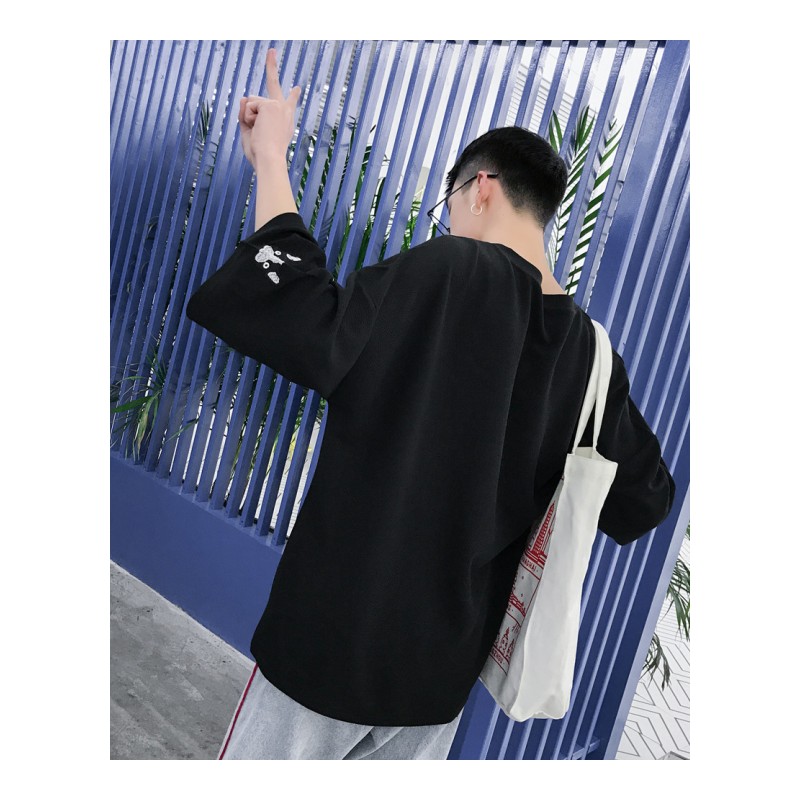2018新款七分袖T恤男士宽松纯白色上衣服韩版学生气质7分短袖夏款