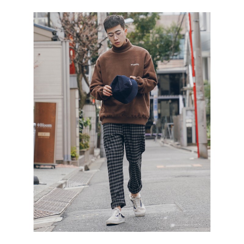 日系春夏bf风男女情侣百搭复古直筒宽松格子裤哈伦休闲裤运动裤潮