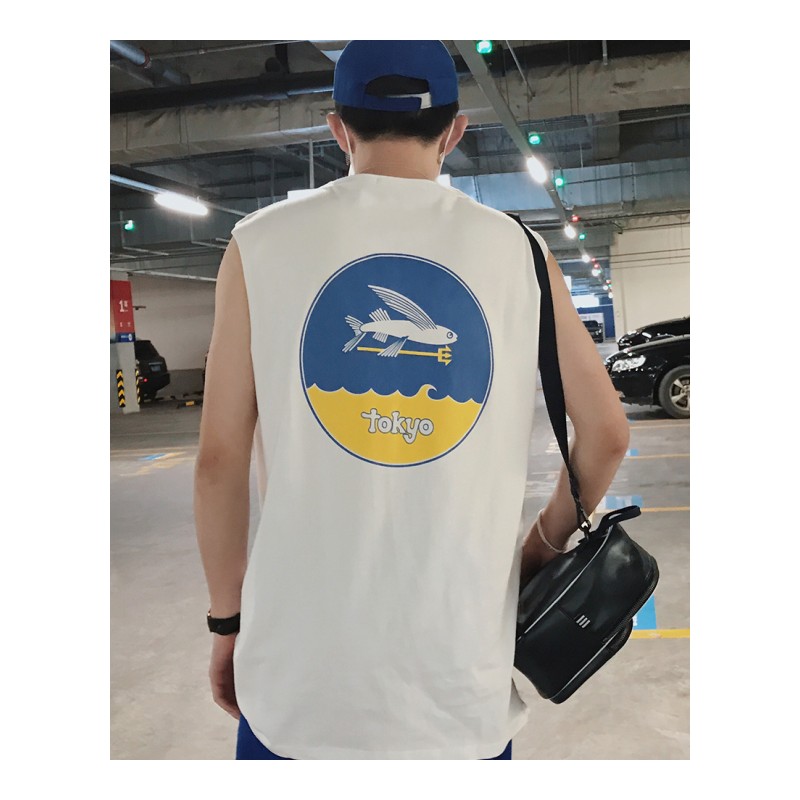 港风夏款无袖T恤宽松男女韩版字母印花休闲运动背心汗衫沙滩Tee薄