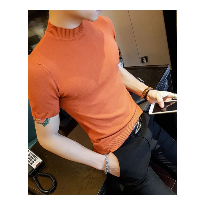 夏款新款韩版针织短袖打底T恤男士修身中领T恤纯色休闲半袖针织衫