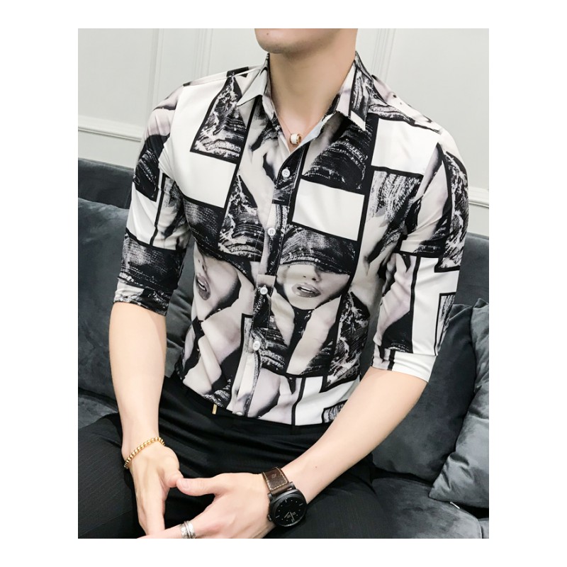 2018夏装新款型师韩版修身七分袖衬衫男士中袖衬衣男短袖寸衫潮