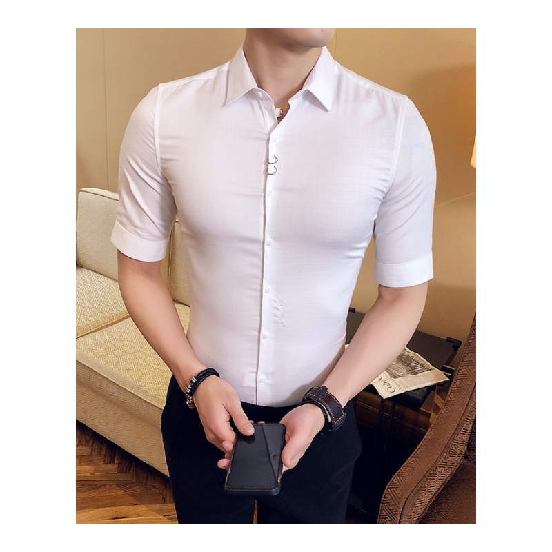 夏款修身男士短袖衬衣商务衬衫潮薄款韩版白型师男装七分袖衬衫