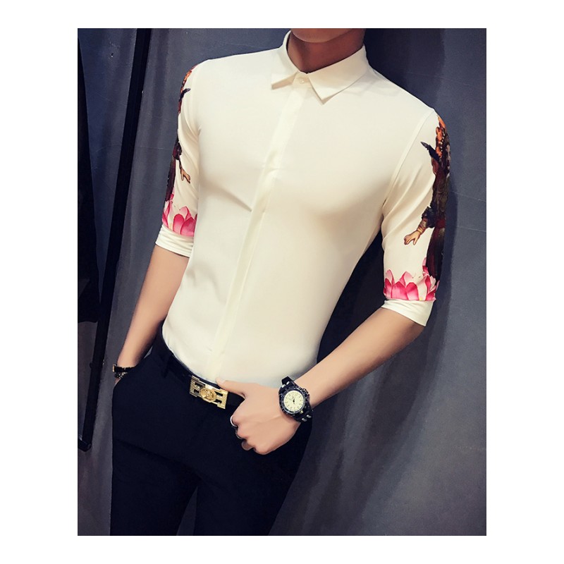 硬汉风新款男装花臂中袖衬衫青年夜店型师潮男五分袖工作服小码