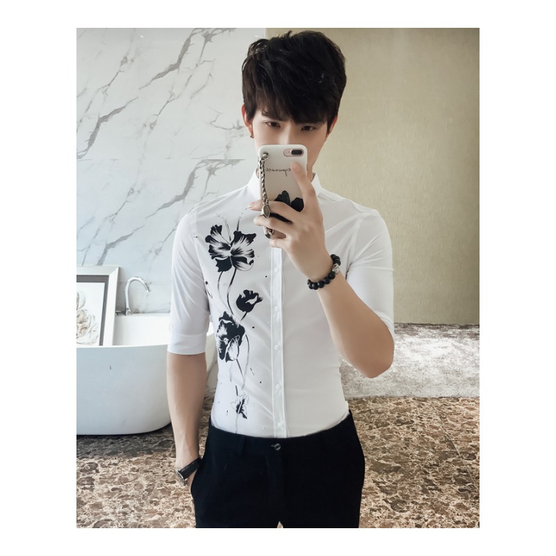 夏款男中袖衬衫韩版潮个性修身印花五分袖理师型师短袖衬衣男