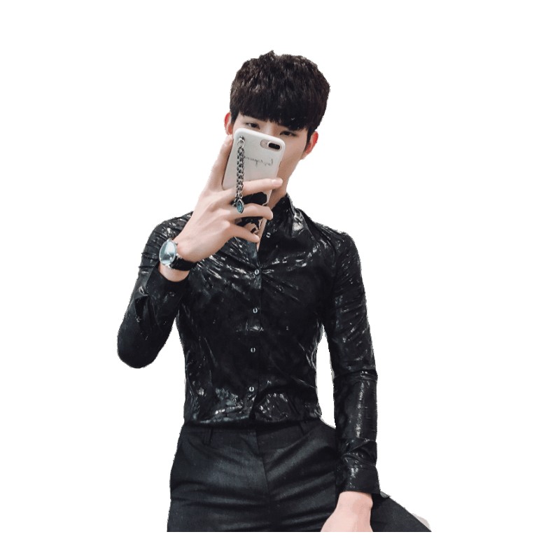 韩版男士修身薄款百搭长袖衬衫休闲夏款时尚个性花衣服气质衬衣