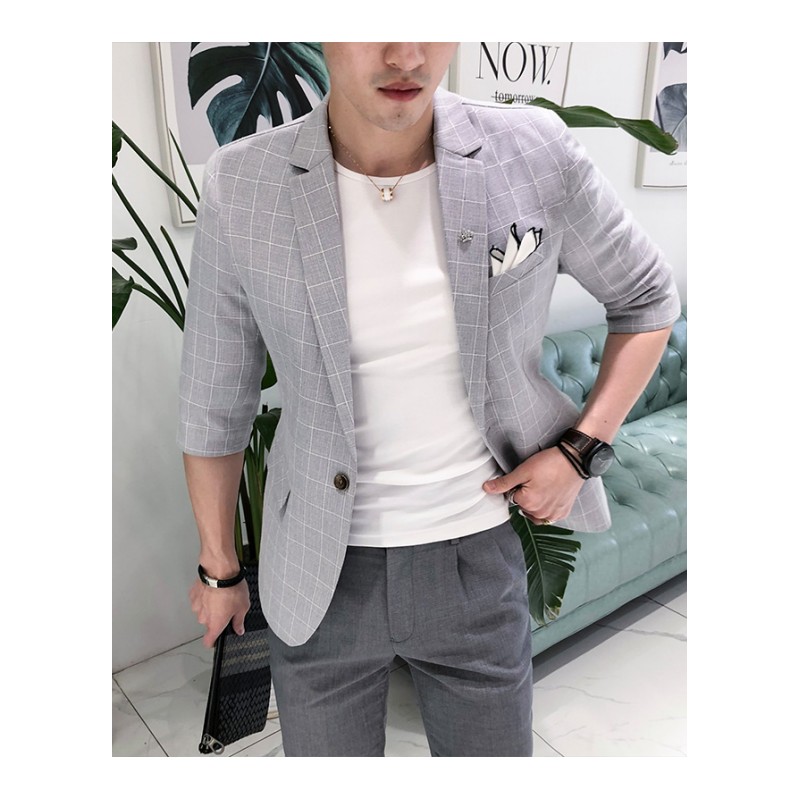 2018新款薄款修身中袖西服男青年韩版修身格纹西服型师帅气外套