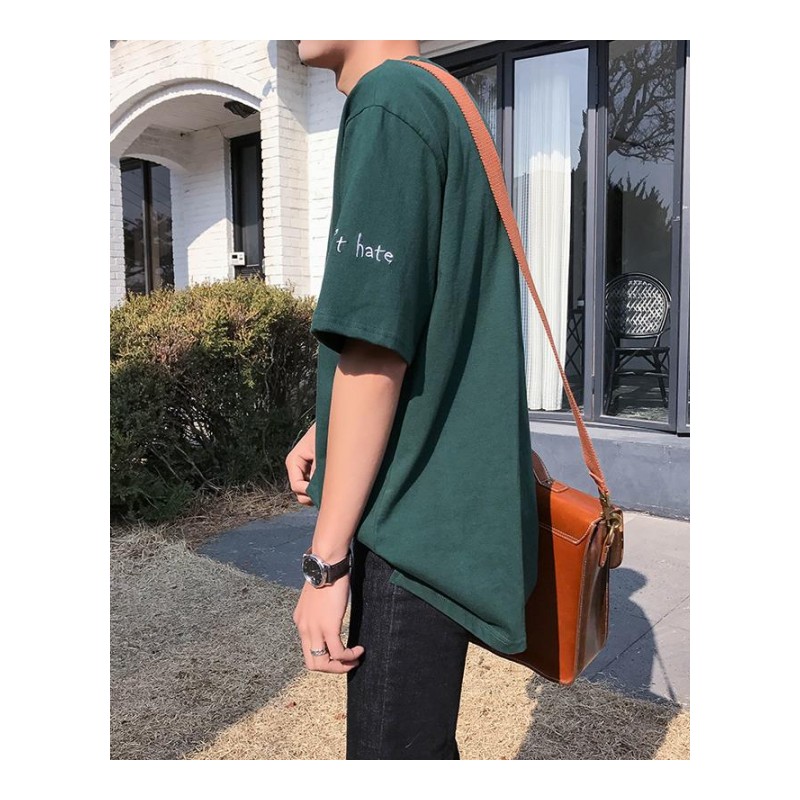 时尚夏款创意卡通小人字母刺绣宽松短袖T恤男潮打底衫青年BF风潮