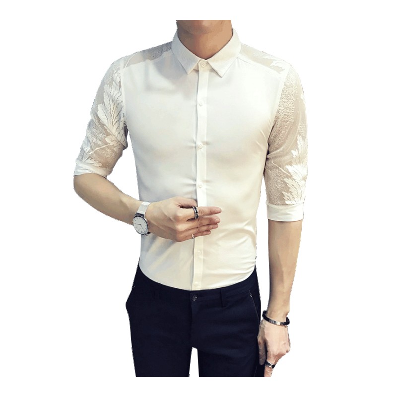 夏款新款韩版修身铵空七分袖衬衫男个性气质青年型师中短袖衫衣