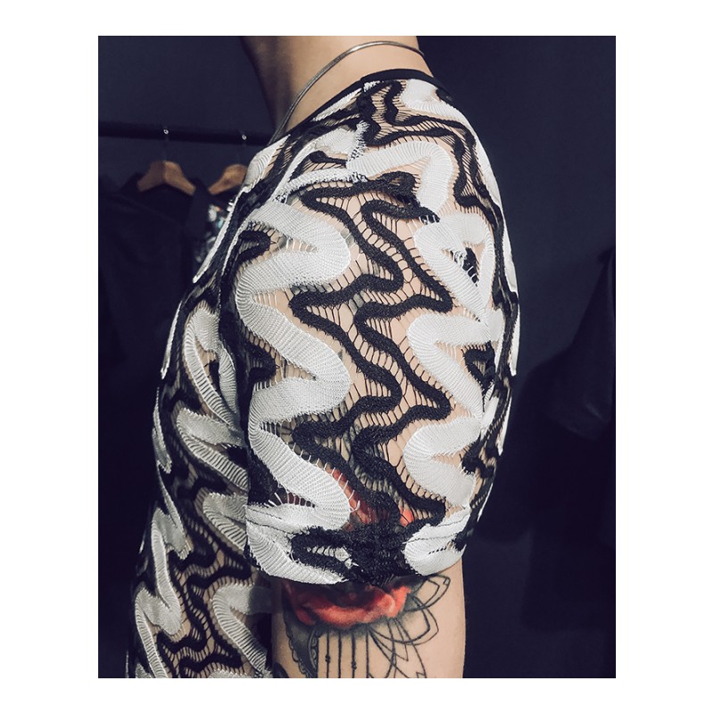 硬汉风2018夏新款圆领套头T恤衫时尚红人社会小伙镂空短袖T恤小码