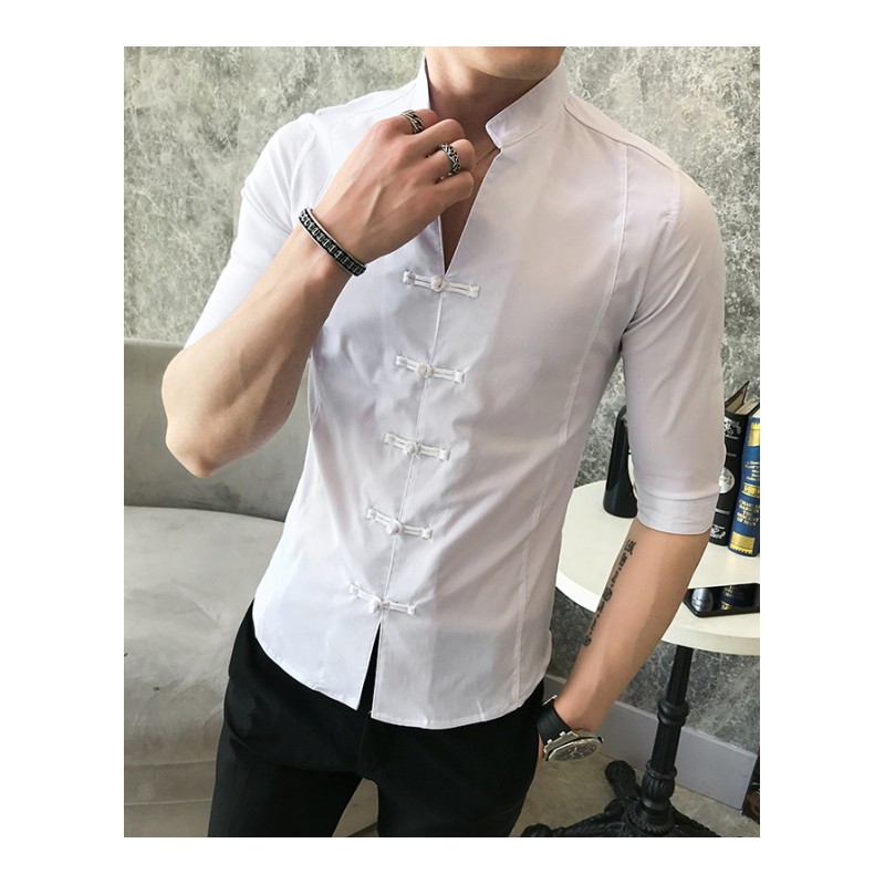 新款个性中国风盘扣中短袖衬衫型师会所时尚修身立领七分袖衬衣