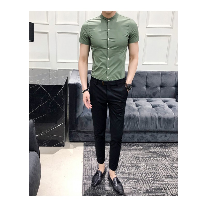 2018新款男士商务休闲短袖衬衫绅士立领半袖衬衫型师纯色韩版潮
