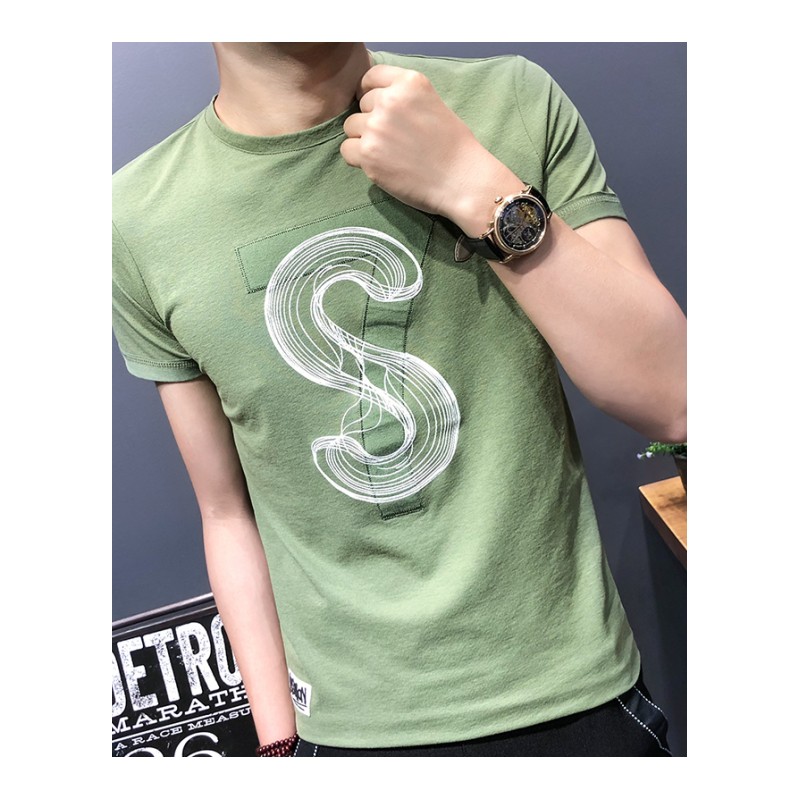 新款短袖T恤男气质人物刺绣字母个性印花半袖韩版修身圆领体恤潮