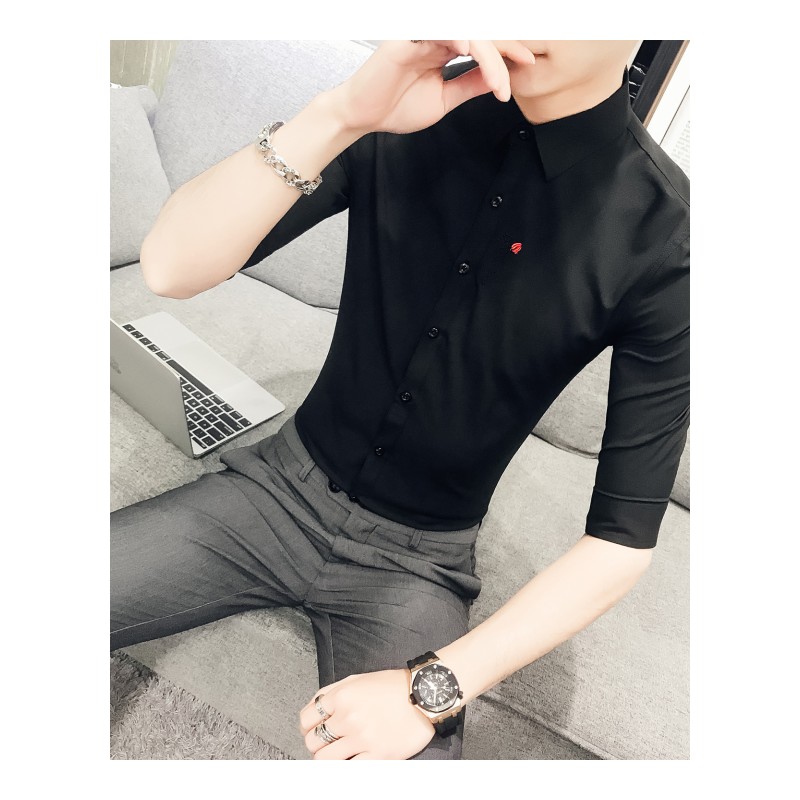 新款韩版修身纯色刺绣七分袖衬衫男个性百搭中袖衬衣工作服五分袖