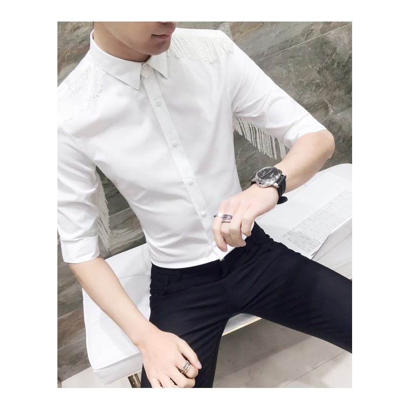 夏款半袖青年男士流苏五分袖气质衬衫韩版修身型师中袖衬衣短袖