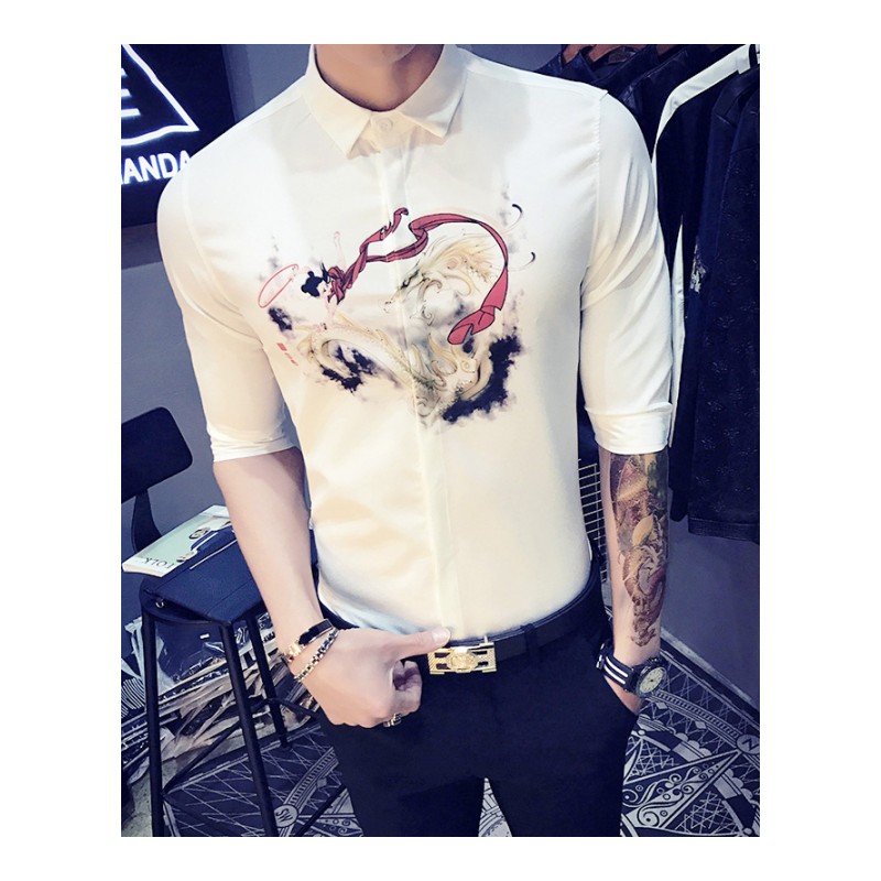 2018夏新爆人物印花中袖修身衬衣男个性气质韩版型师中短袖衬衫