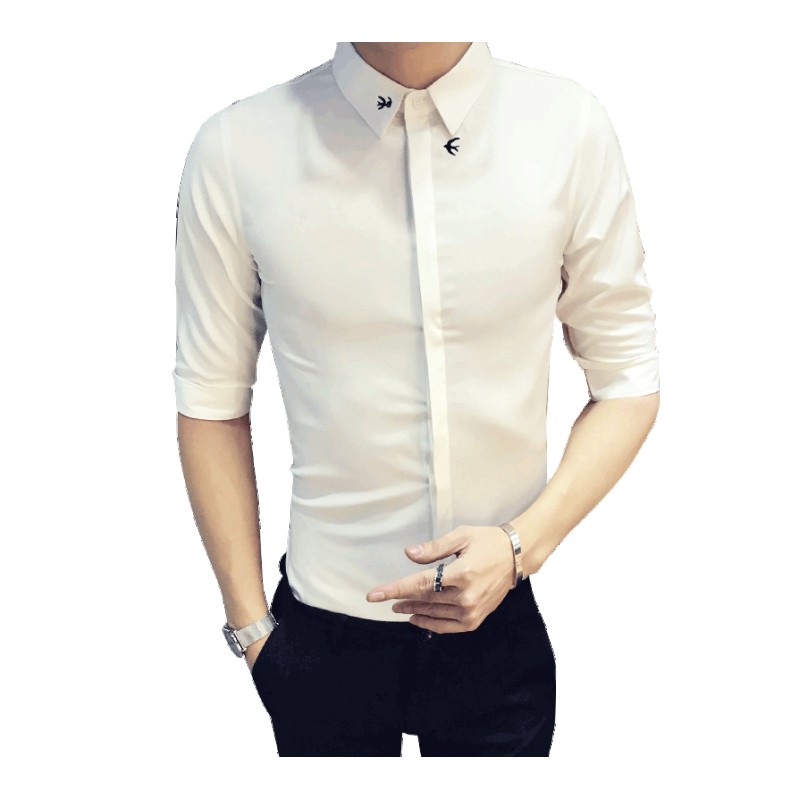 夏款半袖青年男士刺绣五分袖气质衬衫韩版修身型师中袖衬衣短袖