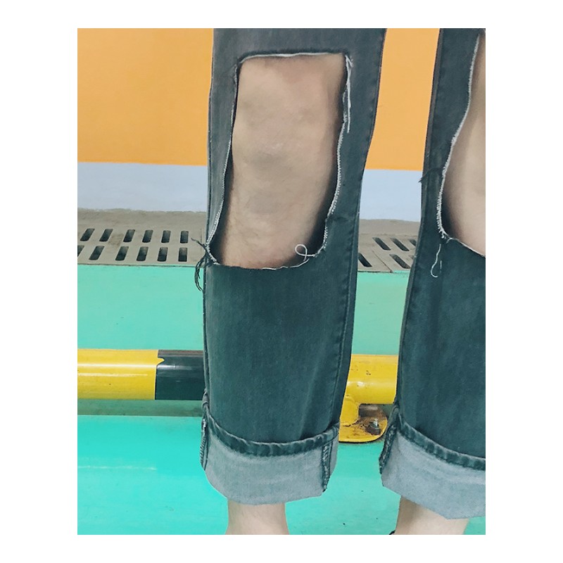 2018夏款新款膝盖大破洞九分牛仔裤男女日韩风韩版宽松直筒裤潮