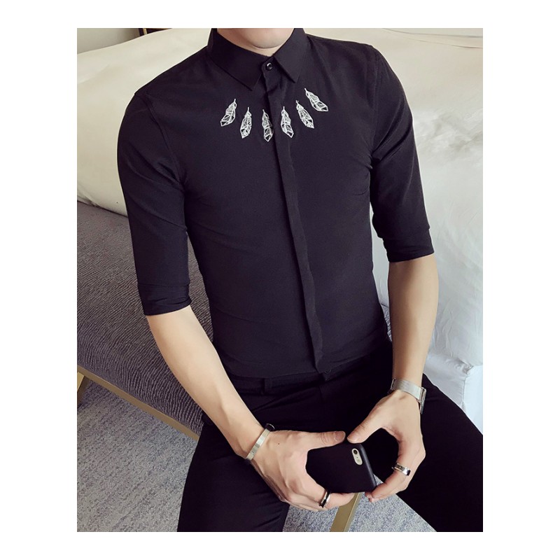 春夏装新款型师夜店韩版修身5分袖刺绣衬衫男士中袖百搭工作服