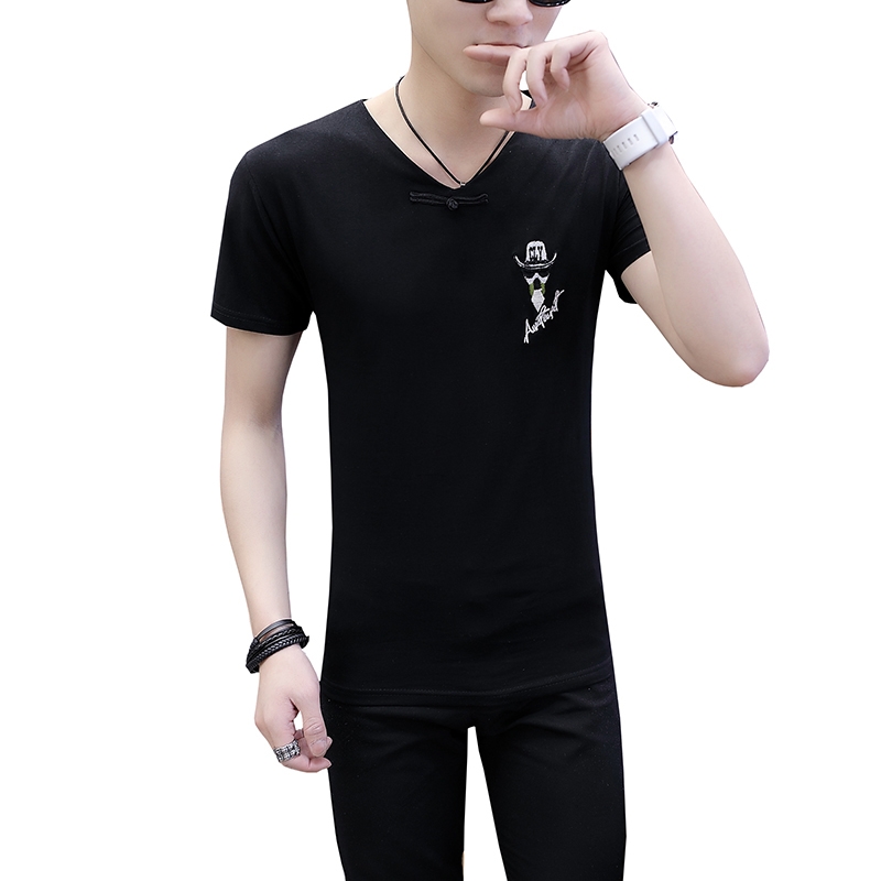 短袖男士T恤2018新款夏款V领上衣服青年韩版气质修身袖标半袖男装
