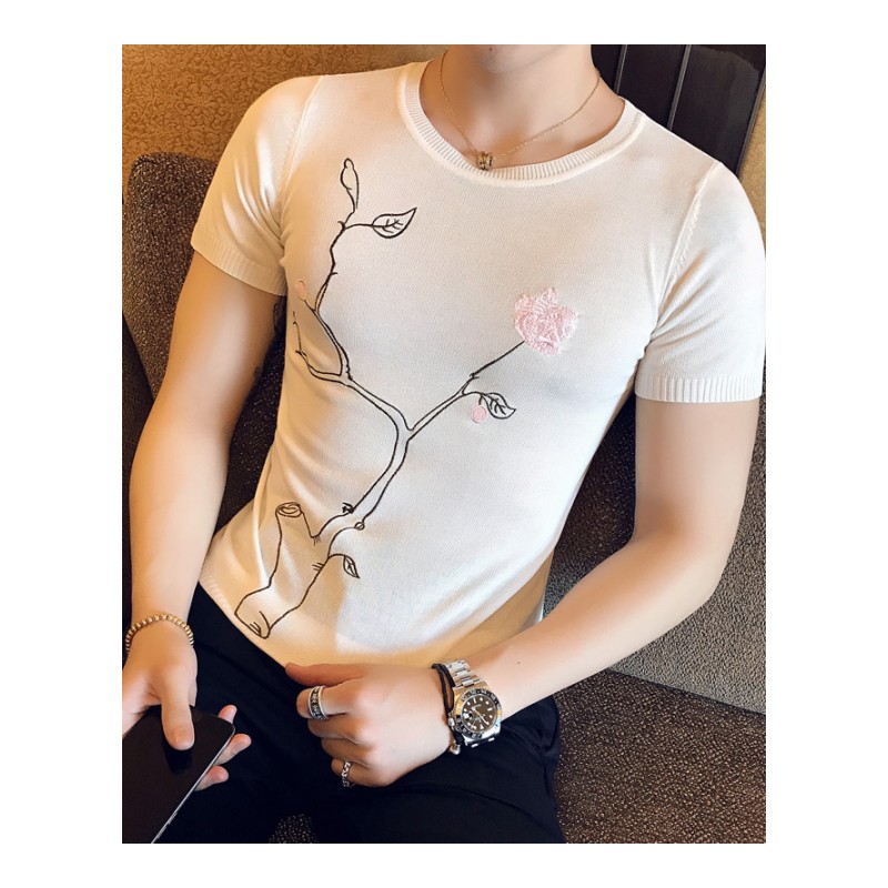 英伦绅士2018新款中国风短袖针织T恤男士个性百搭气质圆领绣花T恤