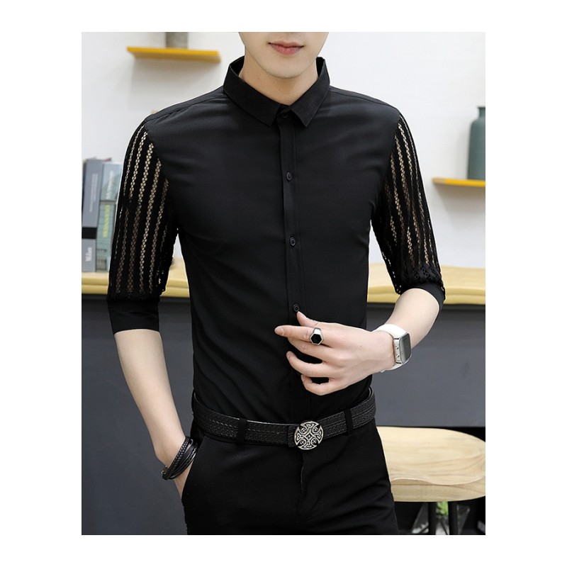 夏款气质帅气男士短袖衬衫桃花印花男青年夜店半袖个性社会男衬衣