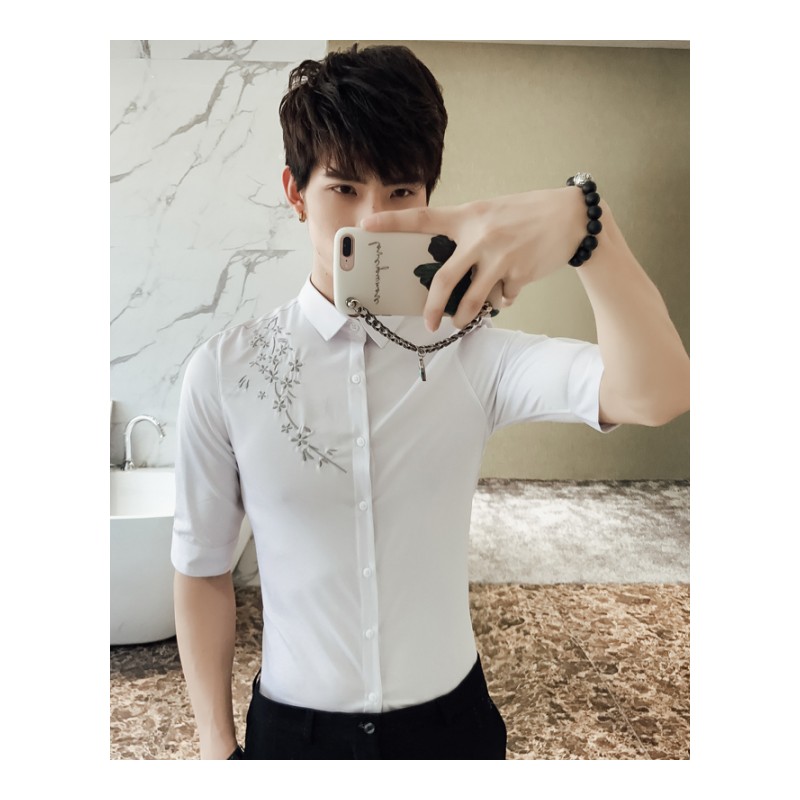 2018夏款刺绣男士短袖衬衫个性休闲七分袖衬衣韩版修身潮半袖寸衫