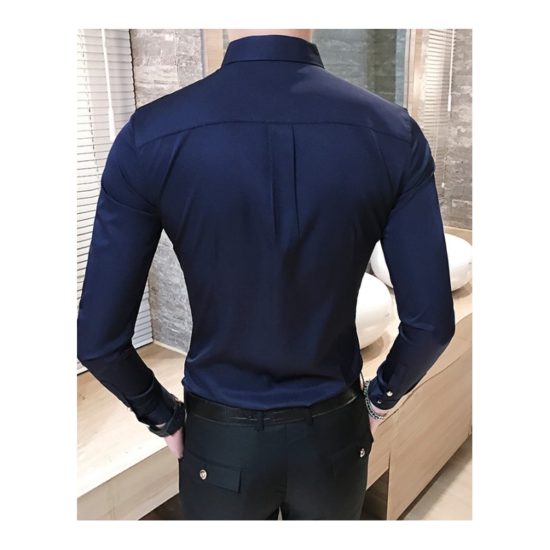 2018夏装男士纯色商务休闲衬衫韩版时尚修身长袖衬衫男气质寸衫