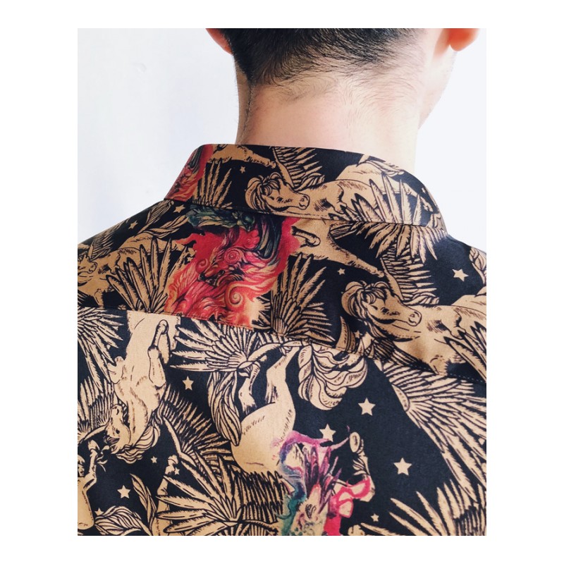 2018夏款新款英伦百搭五分袖衬衣男士夜店韩版修身印花短袖衬衫潮