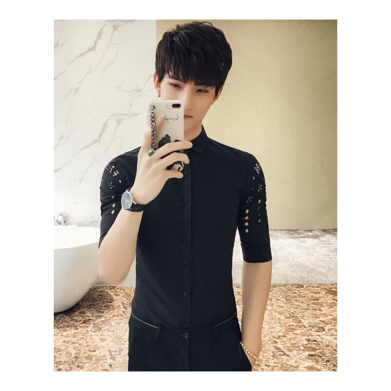 18新款夏镂空洞时尚七分袖衬衫男个性型师潮修身英伦韩版中短袖