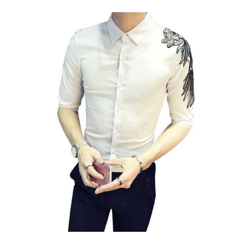 新款个性装饰时尚修身七分袖衬衫男韩版潮型师中袖衬衣刺绣短袖