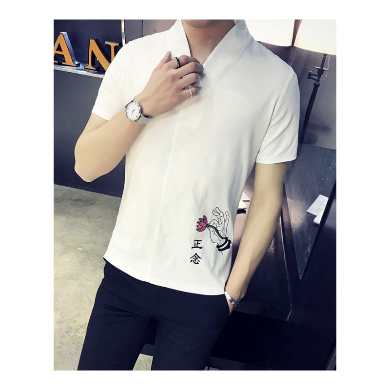 中国风男装半袖体恤v领文字刺绣夏款男士短袖T恤夏装衣服修身上衣
