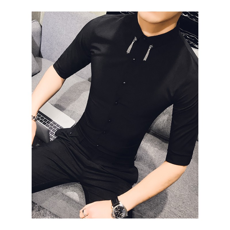 2018新款男短袖衬衫五分袖韩版修身休闲型师男中袖衬衣气质帅气