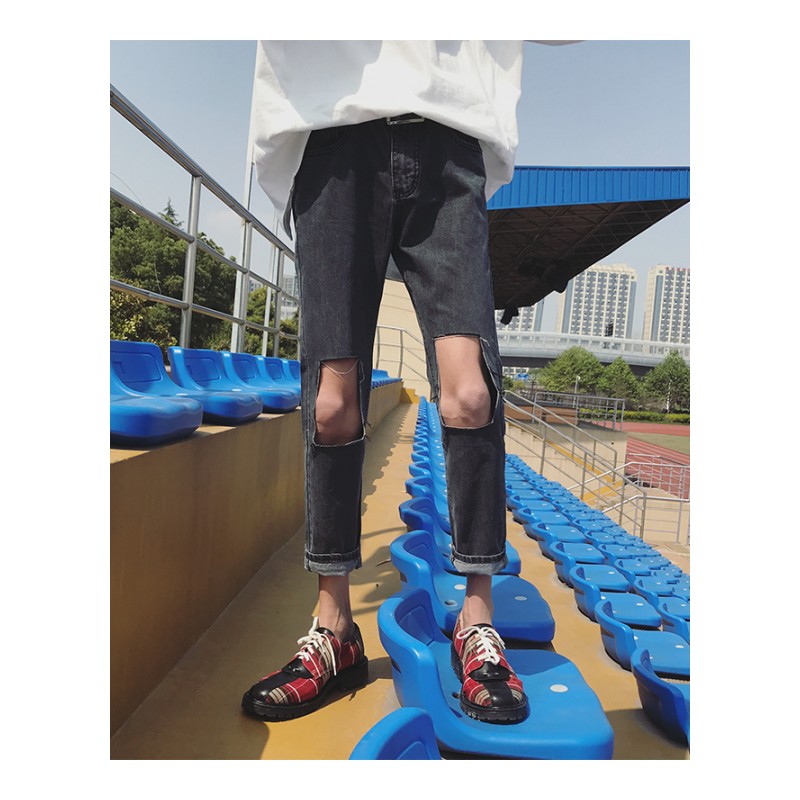 夏款27码加小码牛仔裤韩版修身个性大破洞九分裤中性男女气质裤子