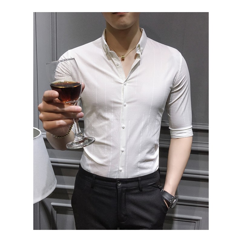 2018新款英伦男士商务条纹修身中袖衬衫男型师气质提花半袖衬衣
