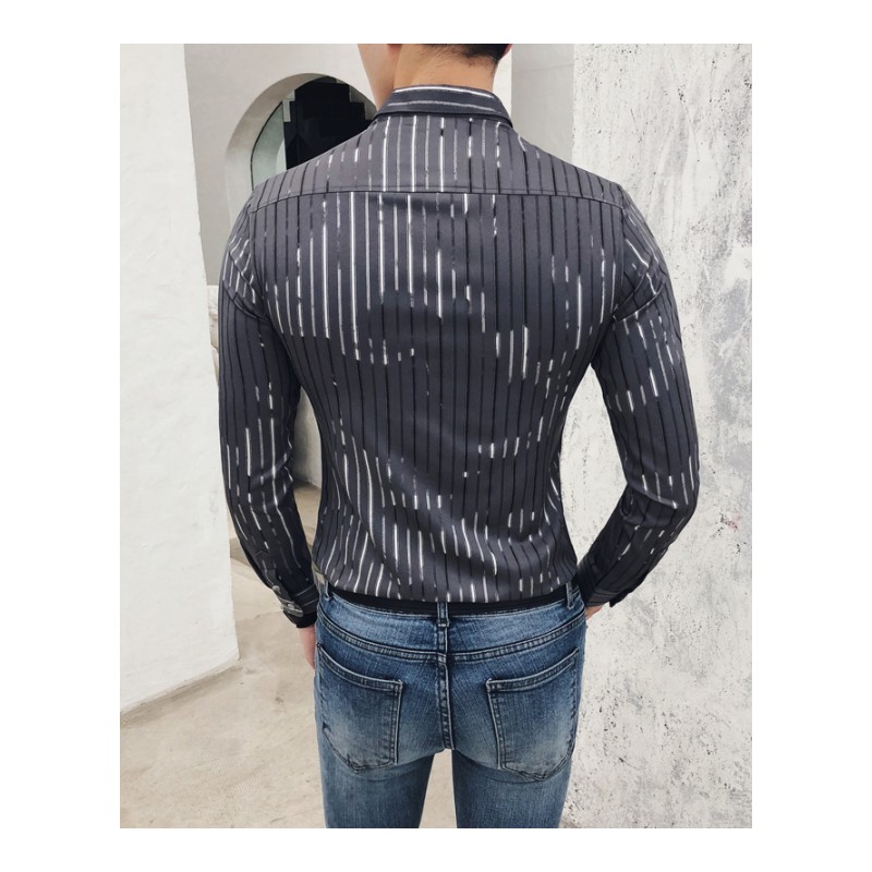 2018新款 条纹印花男士休闲商务修身衬衣型师韩版长袖衬衫潮