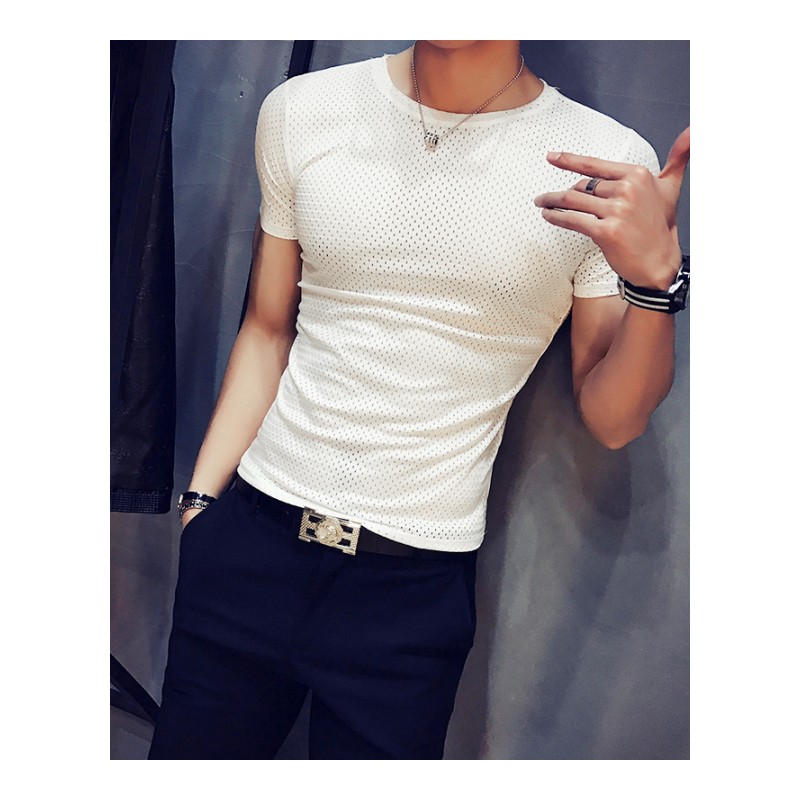 雅痞英伦镂空体恤短袖T恤衫青年夜店型男网眼个性速干硬汉男士T恤