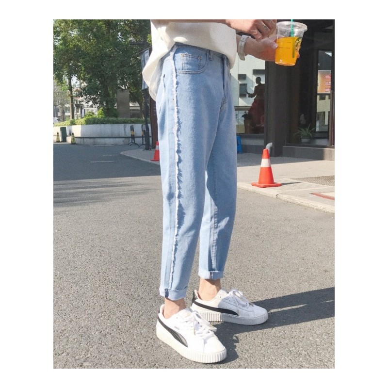 夏款港风男班服T韩版毛边修身小脚九分牛仔裤气质原宿休闲男裤子
