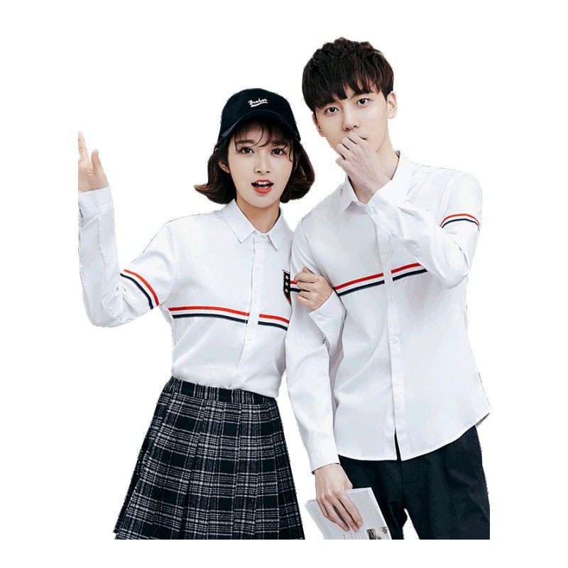 情侣装英伦学院风徽章长袖衬衫青年男女QLZ韩版修身衬衣S码工作服