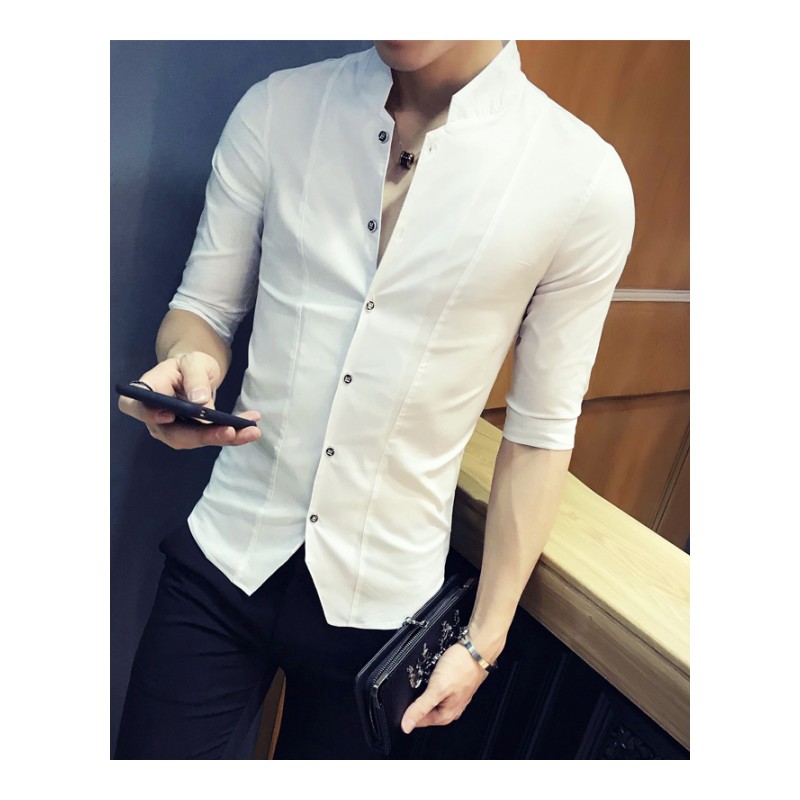 新款个性中国风立领时尚七分袖衬衫男气质型师会所工作服中短袖